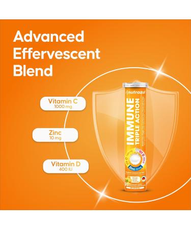 Nutrazul Immune Triple Action Effervescent Tablets with Vitamin C 1000mg Vitamin D Zinc Support Daily Routine Vegan Gluten-Free Sugar-Free Lactose-Free Orange Flavor 20 Tablets (Pack of 5x20) - Buy Online on GoSupps.com