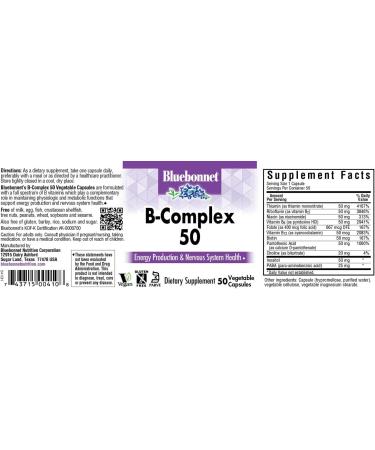 Bluebonnet B Complex 50 Capsules | Complete Vitamin B6, B12, Biotin, Folate | Vegan, Gluten Free, Soy Free | Kosher - Buy Online on GoSupps.com