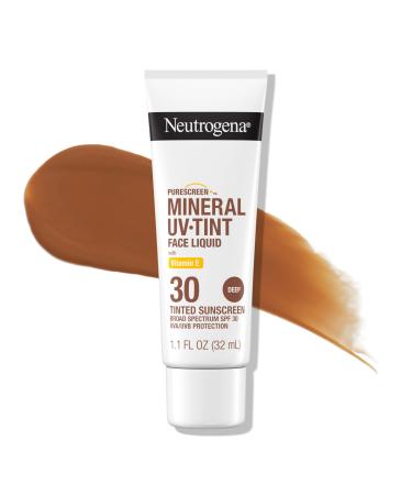 Neutrogena Purescreen+ Tinted Sunscreen for Face with SPF 30, Broad Spectrum Mineral Sunscreen with Zinc Oxide and Vitamin E, Water Resistant, Fragrance Free, Deep, 1.1 fl oz