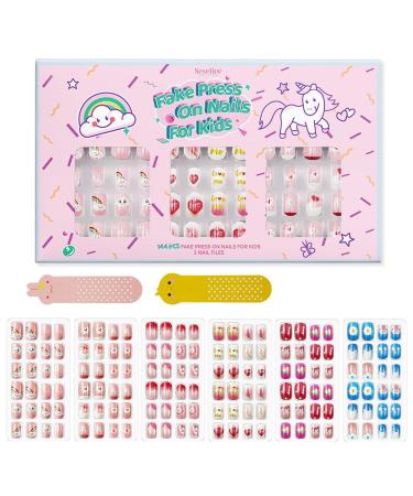 144Pcs Kids Press on Nails Children Girls Press on Short Artificial Fake Nails No fading Stable Quick Stick on Cute Pre Glue Full Cover Acrylic Nail Tip Kit Gift for Kids Nail Decoration (Weather)