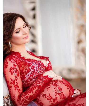 BUOYDM Maternity Lace Photography Dress Maxi - Elegant Props for Photo Shoots - M Burgundy Red - Buy Online on GoSupps.com