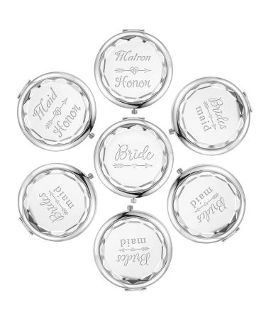 Pack of 7 Compact Pocket Makeup Mirrors Set Include 1 Bride Mirror 1 Maid of Honor Mirror 1 Matron of Honor Mirror and 4 Bridesmaid Mirrors Wedding Bridesmaid Proposal Gifts (Silver)