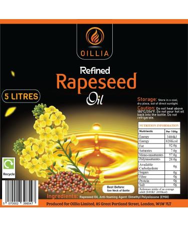 Oillia Rapeseed Oil 5 Litre | Canola Cooking Oil | Extra Virgin | Non-GMO | Extended Life | Low Saturated Fat | Refined Oil Bottle - Buy Online on GoSupps.com