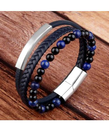 Multi-Layer Wrapped Men'S Bracelet Natural Stone Bracelet Leather Woven Bracelet Black Magnetic Buckle Multilayer Bracelet For Men - Buy Online on GoSupps.com