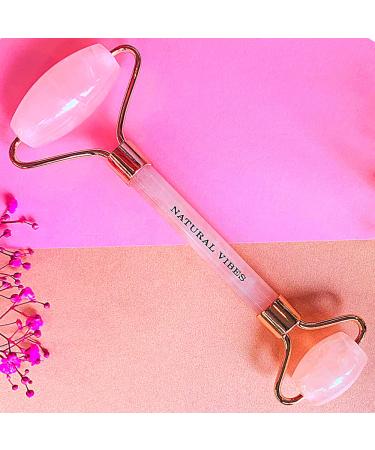 Natural Vibes Rose Quartz Roller & Massager for Face Neck and Under eye with FREE Gold Beauty Elixir Oil