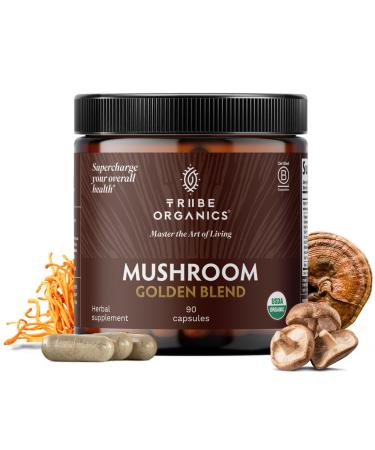 TRIBE ORGANICS Mushroom Golden Blend Vegan Capsules Supplement - Adaptogenic Mushrooms Powder Immune Support Supplement - 10-in-1 Mushrooms for Immunity Support & Brain Health - 90 Count 30 Servings