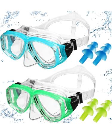 2 Pcs Kids Swim Goggles Snorkel Diving Mask with 2 Pair Earplugs, Goggles with Nose Cover Silicone Anti Fog Anti Leak for Swimming Snorkeling Beach Pool Kids 6-14 Youth Blue, Green