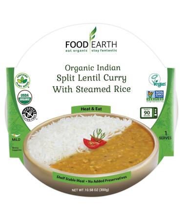 Food Earth - Split Lentil Curry & Steamed Rice Meal - Ready to Eat Cuisine - Vegan, Plant-Based, Organic, Gluten-Free, GMO-Free - Healthy Microwavable Pre-packaged Indian Food - 10.58 oz - Pack of 6 Indian Split Lentil C