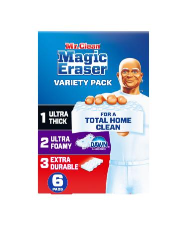 Mr. Clean Magic Eraser Variety Pack with Ultra Thick Ultra Foamy and Extra Durable Multi Purpose Cleaner Magic Eraser Sponge Multi Surface Cleaner 6ct
