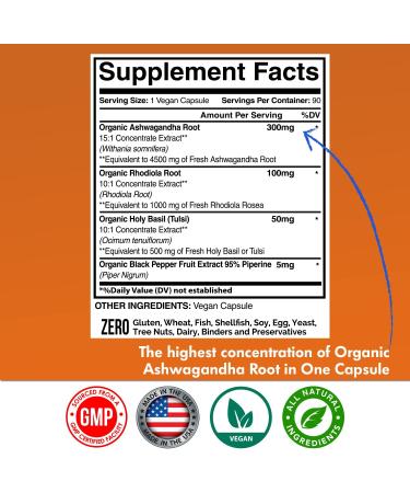Organic Ashwagandha 6005mg + Rhodiola Rosea + Holy Basil + Black Pepper Extract Capsules - Stress Relief, Mood Enhancer, Thyroid Support - 90 Veggie Capsules - Buy Online on GoSupps.com