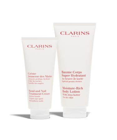 Clarins Hand & Nail Treatment Cream and Moisture-Rich Body Lotion Bundle | Hand Cream Softens Nourishes and Shields Skin | Body Cream Intensely Hydrates Very Dry Skin