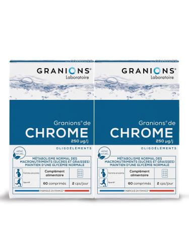 GRANIONS | Chromium | Normal metabolism of macronutrients (sugars & fats) and maintenance of normal blood sugar | Chromium 250 g | For the whole family | Made in France | 2x60 Tablets