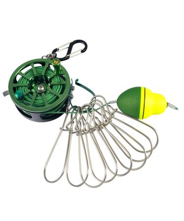 Joyeee Fish Stringer Fishing Stringer with Foam Fishing Float and 9-Snap, Heavy Duty Stainless Steel Silent Stringer Large Hooks Lock and Fish Float, Fishing Gear Nylon String Long 6 m/19.7 Foot #6m Green
