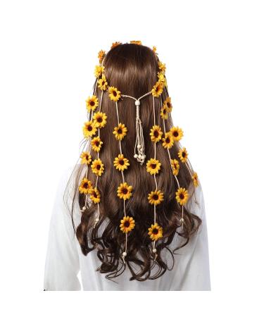 Butnedls Hippie Headband Floral Crown Behemain Sunflowers Beads Adjust Flower Headdress Hair Accessories (Yellow)