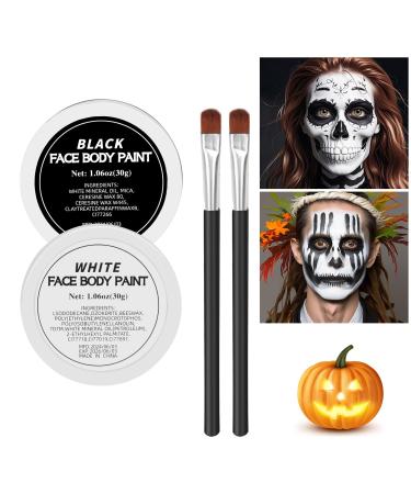 White Black Face Body Paint Halloween Clown Makeup Kit with 2 Brushes Professional White Black Face Body Painting Kit for Clown Joker Theater Cosplay Costume SFX Make-up White+Black