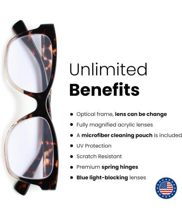 Tortoise Retro Square Blue Light Readers for Women - Stylish & Durable Reading Glasses for All Face Shapes - 2.25x Vision Enhancement - Buy Online on GoSupps.com