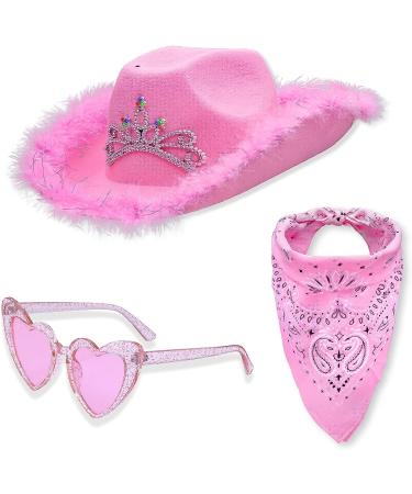 Women's Light Up Cowboy & Cowgirl Hat Set | Western Style Tiara with Bandana & Heart Sunglasses - Pink - Buy Online on GoSupps.com