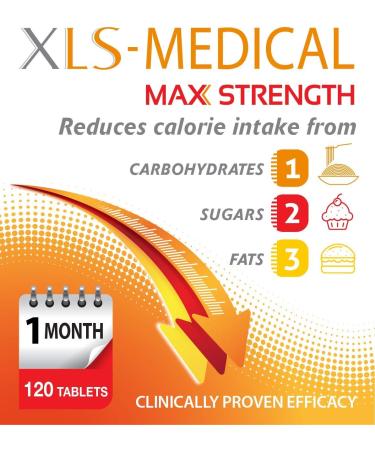 XLS Medical Max Strength Tablets - Weight Loss Aid - 120 Tablets - Reduce Calorie Intake - 30 Days Treatment - Buy Online on GoSupps.com