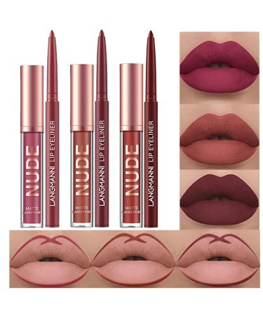 BestLand 6Pcs Matte Liquid Lipstick and Lip Liner Set  Non-Stick Cup Not Fade Waterproof Nude lipstick Makeup Kits Velvety Nude Lipliner Lip Gloss Make Up Gift Set (Set D)