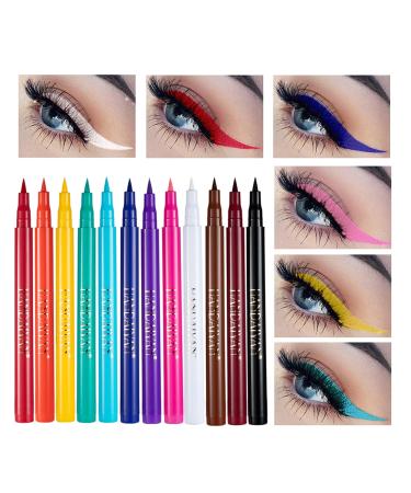 Gireatick 12PCS Matte Rainbow Colorful Liquid Eyeliner Set, 12 Colors Soft and Hyper Sharp Tip Brush Eyeliner, Waterproof High Pigmented Eyeliner Pen Set