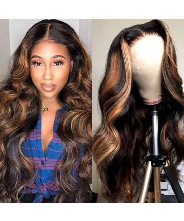 Haha Brazilian Human Hair Highlight 4x4 Lace Front Wig Pre Plucked Body Wave Ombre Lace Closure Wig Highlighted Brown 150% Density 16 Inch FB30 Balayage Wig 16 Inch Highlight Closure Wig Body