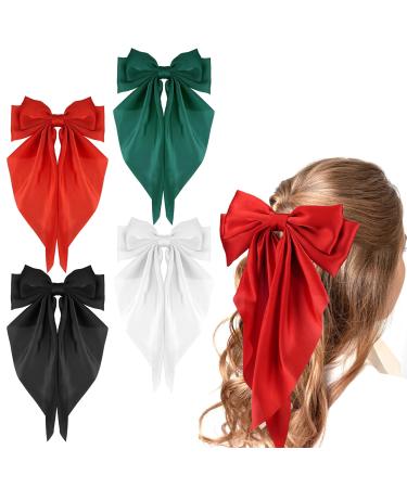 4 Pieces Silky Satin Hair Bows Ribbon Hair Barrettes Clip Big Bow Hair Clips for Women Girls French Barrette Long Tail Hair Accessories Red Dark Green Black White Black + White + Red + Dark green - Buy Online on GoSupps.com