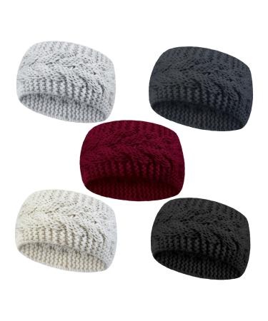 5pcs Winter Knit Headbands Women Knitted Headband Thermal Knit Headbands Elastic Twist Chunky Turban Hairdbands Crochet Head Wraps Winter Ear Warmer black beige purple dark gray light gray