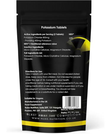Nuke Nutrition 200mg Potassium Tablets - 180 High Strength Pure Potassium Supplements for Men & Women - Support Nervous System & Electrolyte Balance - Muscle Contraction Strength - 180 Count - Buy Online on GoSupps.com