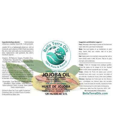 Bella Terra Oils Jojoba Oil 4 oz - 100% Pure Cold-Pressed Organic Moisturizer for Skin & Hair - Buy Online on GoSupps.com