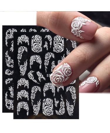 Lace Flower Nail Art Stickers Decals 5D Nail Stickers Lace Rose White Embossed Sliders Wedding Nail Art Design Acrylic Engraved Flower Decal Manicure Decor 3D Self-Adhesive Nail Foil Sticker Decor for Women Girl(Flower)