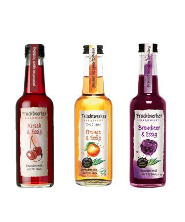 Fruchtwerker Vinegar and Fruit Set I Different Varieties I Fruity I Fruit Vinegar Set I Vinegar I Pure Vegetable I Sweet I In Glass Bottles (Cherry + Orange + Blackberry)