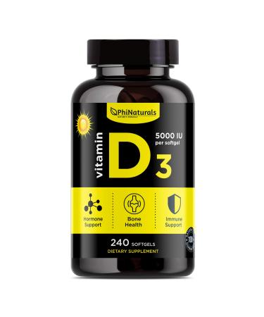 Vitamin D3 5000 IU - Extra Virgin Olive Oil for Maximum Absorption - Sunshine Vitamin for Immune and Mood Support - Cholecalciferol from Lanolin for Healthy Bones Muscle Teeth 240 Softgels
