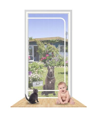 SHRRL Reinforced Cat Screen Door , Heavy Duty Cat Door with Zipper, Prevent Dogs Cats Running Out from Home, White Fits Door Size:32''x80''