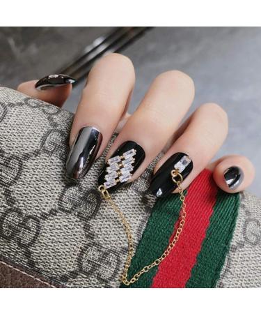 Sethexy Shiny Black Oval Fingernails with Rhinestone Gold Chain - 24 Piece Complete Acrylic Nail Set for Women & Girls | Magic Mirror Reflection Design - Buy Online on GoSupps.com