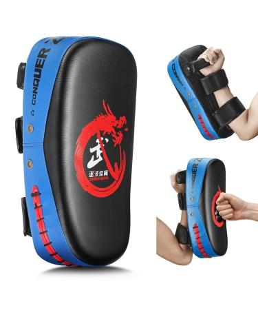 Flexzion Muay Thai Pads - Blue Curved Kick Pad for Muay Thai Kickboxing Mixed Martial Arts Karate and Taekwondo - Adjustable Forearm Strap Kickboxing Pads