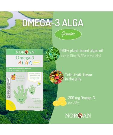 NORSAN Alga Premium Omega-3 Kids Vegan Gummies 45pcs - High Dosage DHA and EPA | 45 Vegan Chewing Gummies with 200mg Omega-3 per Gummie | Tutti Frutti Flavour | with Plant-Based Algae Oil - Buy Online on GoSupps.com