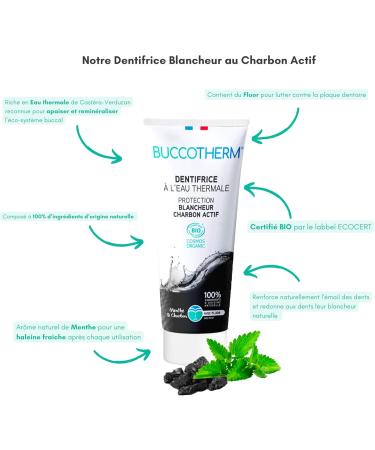 BUCCOTHERM | Whitening Protection Toothpaste with Activated Charcoal | Restores teeth to their natural whiteness | Certified Organic - 100% natural ingredients - Mint flavor | Pack of 3x75 ml - Buy Online on GoSupps.com