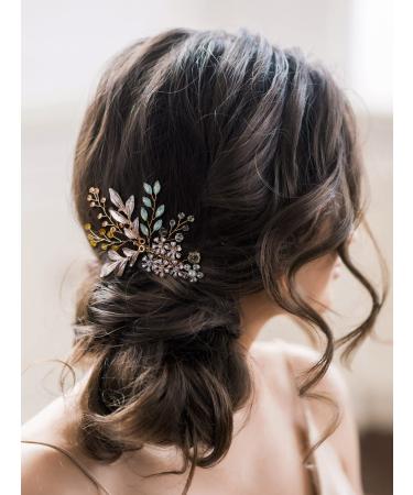 SWEETV Gold Bridal Hair Comb Rhinestone Wedding Clip Flower Hair Accessories Wedding Headpiece Crystal bridal hair accessories Bride Hair Piece for Women and Girls