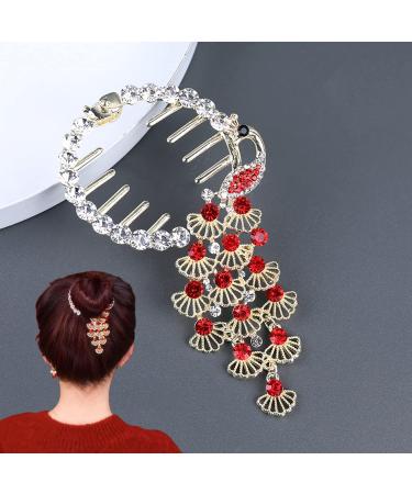 Hair Barrettes for Women Ladies Peacock Rhinestones Hair Clips Retro Plate Hair Buckle High Ponytail Fixed Clip Cute Hair Bun Fixed Clip (Red) Black Green