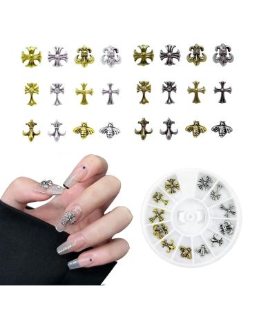 KEUGT 2 Box Nail Art Accessories 3D Nail Art Accessories Glitter Nail Art Accessories Vintage Cross Decorations Metal Punk Studs DIY Nail Art Decorator for Fingers Toes