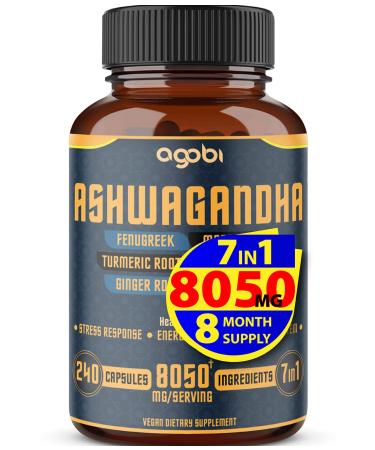 240 Capsules - 8 Month Supply - 7in1 Ashwagandha 8050mg - Combined With Fenugreek, Maca, Turmeric, Rhodiola, Ginger, And Black Pepper - Mood, Strength, Spirit and Energy Support Supplement