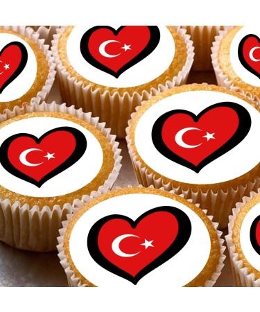 Turkish Turkey Flag hearts eurovision style 24 pre-cut edible party decorations Wafer Paper Cupcake Topper Cake