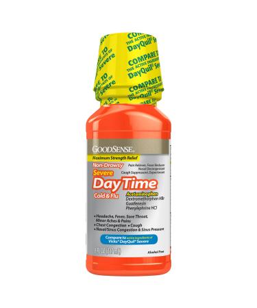 GoodSense Daytime Cold & Flu Multi-Symptom Relief Non-Drowsy Effective Relief for Fever Sore Throat Cough Nasal Congestion 8 Fl Oz