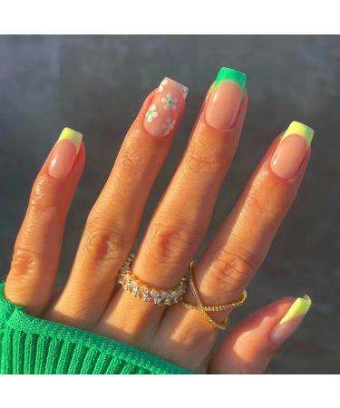 24Pcs Flower Square False Nails Short Elegant French Green Press on Nails with Glue Sticker Glossy Acrylic Full Cover Stick on Nails Fake Nail for Women and Girls Style 7