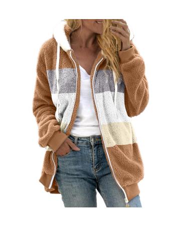 HANXIULIN Plush Jacket Oversize Warm Lined Fleece Coat Sweatshirt Women's Long Sleeve Stand Collar Outerwear Breathable Warm Cozy Women's Trench Coat Winter Jacket with Hood 4XL Khaki