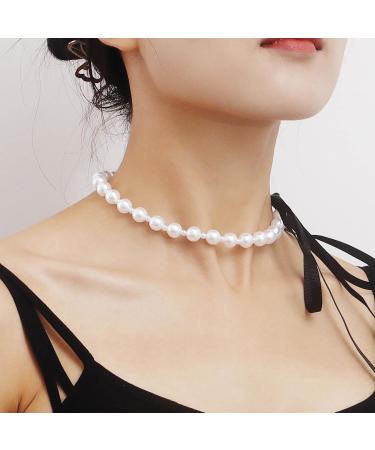 Oralgo Retro-Style Pearl Necklace with Black Velvet Ribbon | Adjustable Wedding & Party Accessory | Elegant White ABS-Flanell Jewelry - Buy Online on GoSupps.com