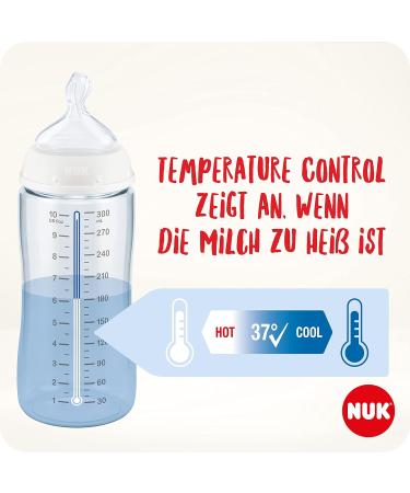 Nuk First Choice+ Baby Bottles Starter Set | 0-6 Months | 4 BPA-Free Bottles with Temperature Control & Box | Anti-Colic Valve | Gray & White | 5-Part Set - Buy Online on GoSupps.com
