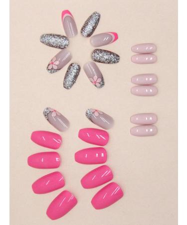 24pcs Bright Pink Press on Nails Glitter French Fake Nail Pink Short Coffin Nails Press on Nails Coffin Shape Nails For Women's - Buy Online on GoSupps.com