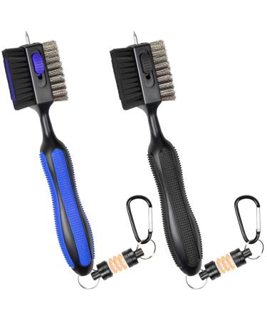 THIODOON 2 Pack Golf Club Brushes and Groove Cleaner with Magnetic Keychain Oversized Golf Brush Head and Retractable Spike Super Non-Slip Handle Comfortable Grip Golf Club Cleaner 2-pack Black & Blue(Straight handle)