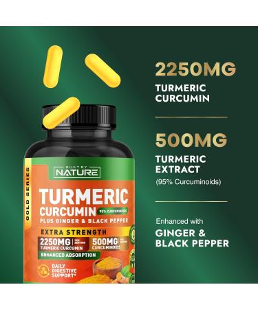 Built by Nature Turmeric Curcumin 2250mg 95% Curcuminoids with Ginger & Black Pepper for High Absorption Extra Strength Joint Support Non-GMO Vegan - 90 Capsules - Buy Online on GoSupps.com